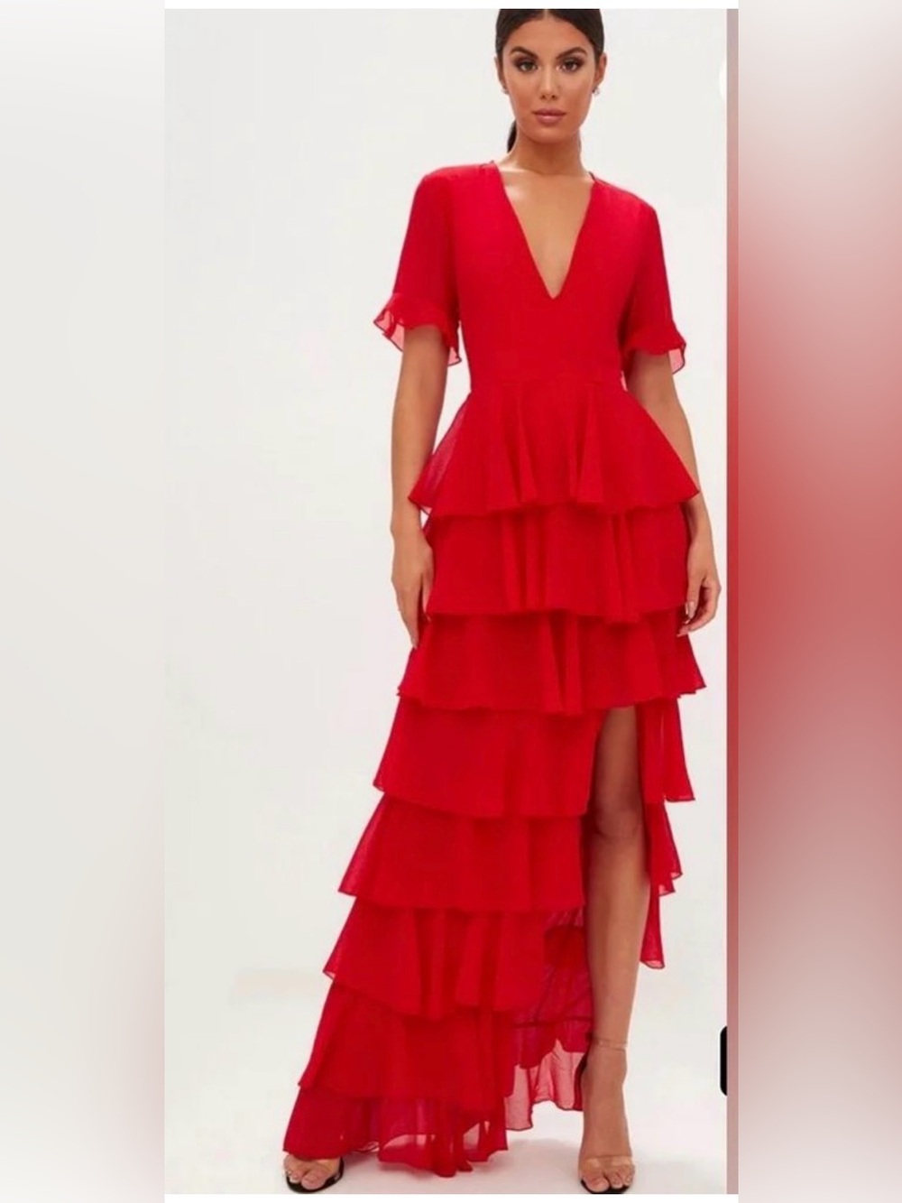 PrettyLittleThing Red Tiered High-Low V-Neck Ruffle Dress